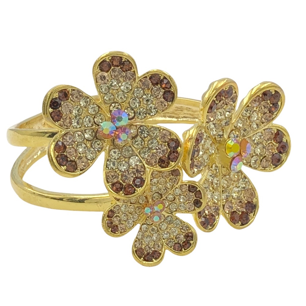 3 Daisy Flower Brown Rhinestone Gold Hinged Bangle Bracelet